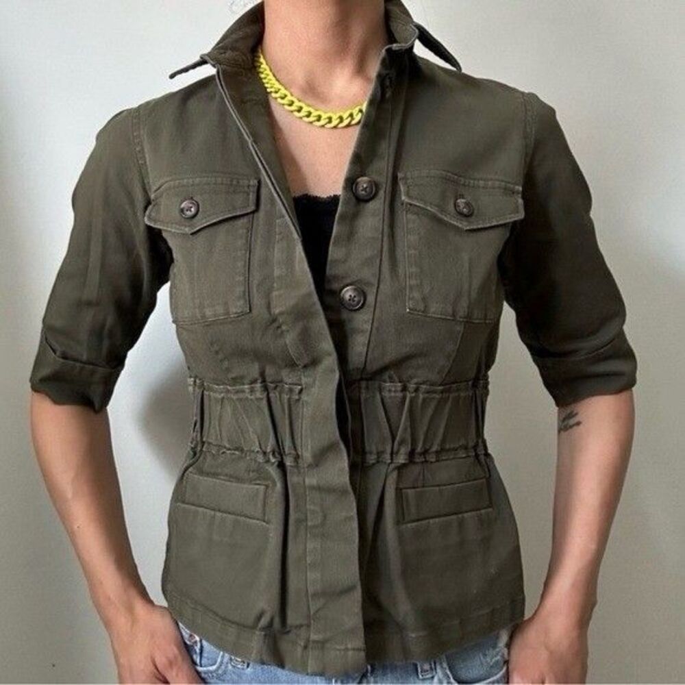 Carine Roitfeld x Uniqlo Olive Green Military Jacket Cinched Waist Sz L EUC!!